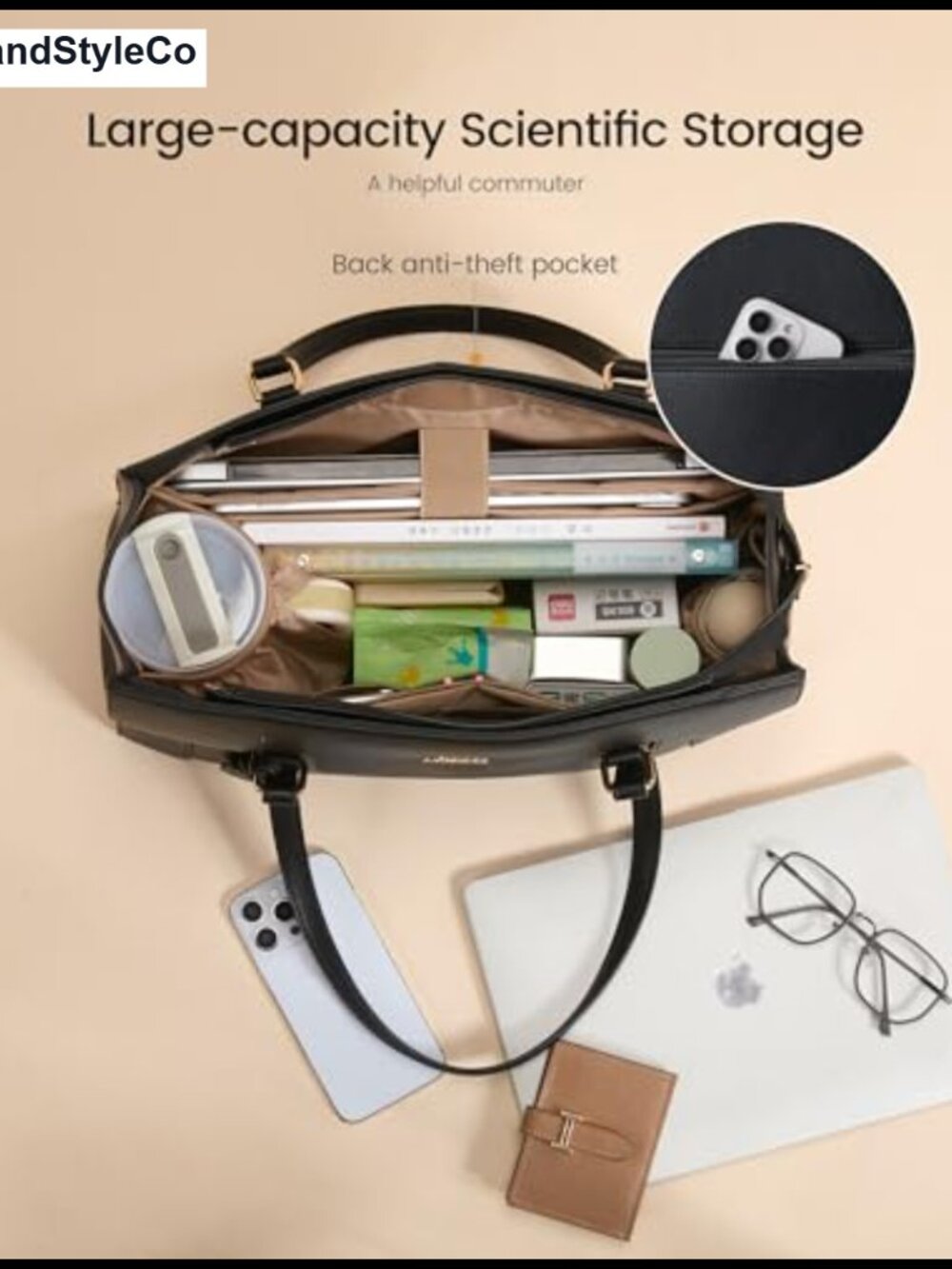 15.6in PU Leather Laptop Tote Bag Teacher Work Briefcase with Cup Holder - Picture 2 of 5